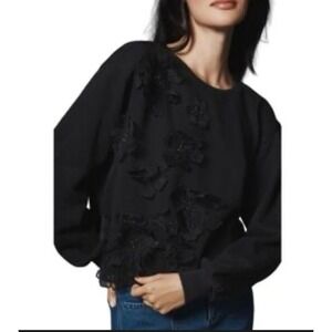 Anthropologie Black Floral Applique Crop Sweatshirt Small Beaded Flower Boho